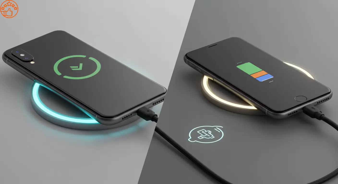 Um smartphone sobre uma base de carregamento sem fio de um lado, e do outro, o mesmo celular conectado a um cabo USB-C com um &iacute;cone de "turbo".
