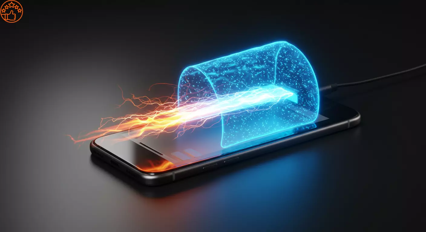Imagem conceitual de uma bateria de celular sendo carregada rapidamente, protegida por um escudo de energia azul que simboliza a segurança da tecnologia moderna.