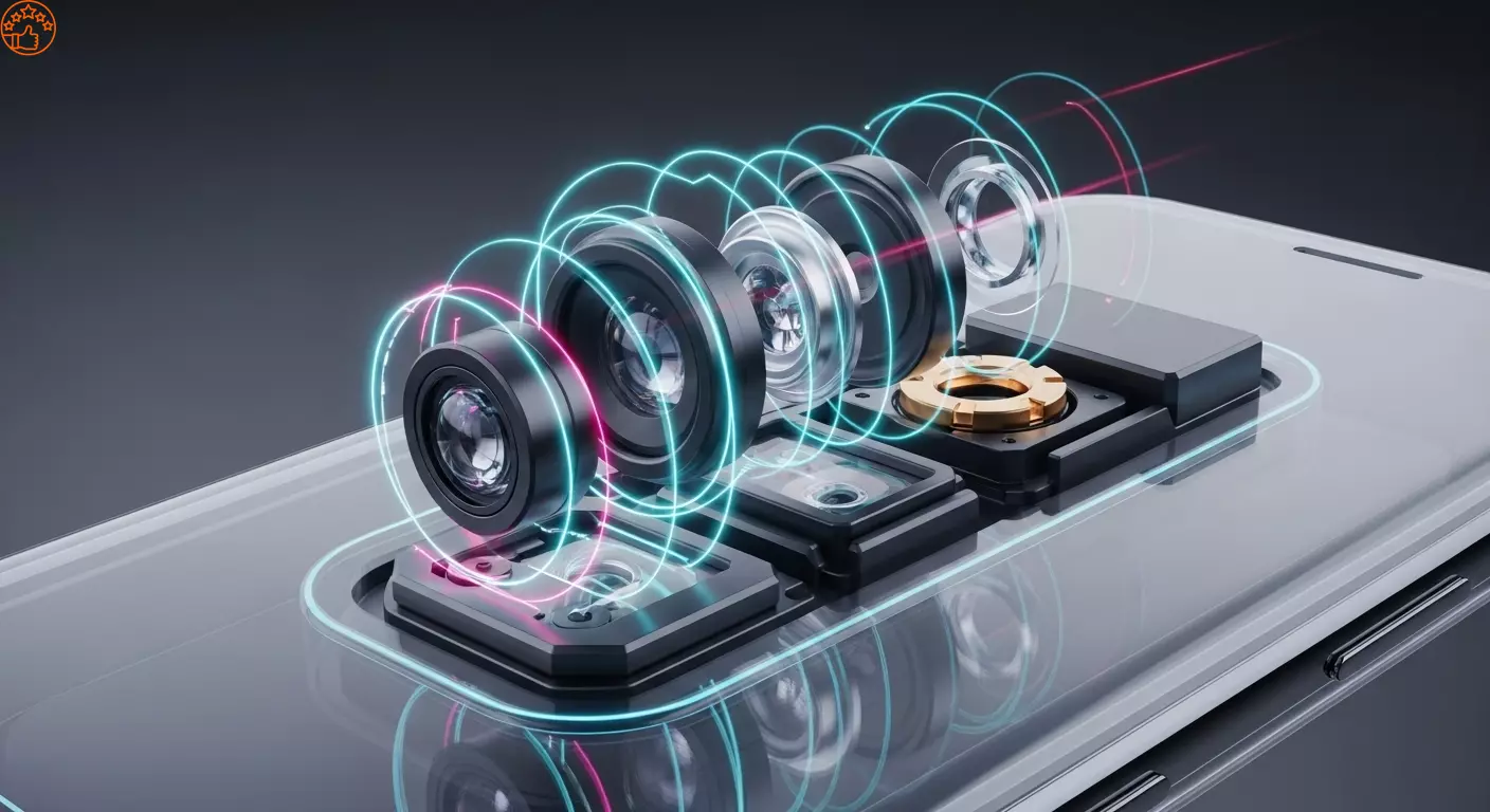 Diagrama futurista mostrando um m&oacute;dulo de c&acirc;mera de celular com o sistema de estabiliza&ccedil;&atilde;o &oacute;ptica (OIS) ativo, com linhas de movimento indicando a compensa&ccedil;&atilde;o de tremores.