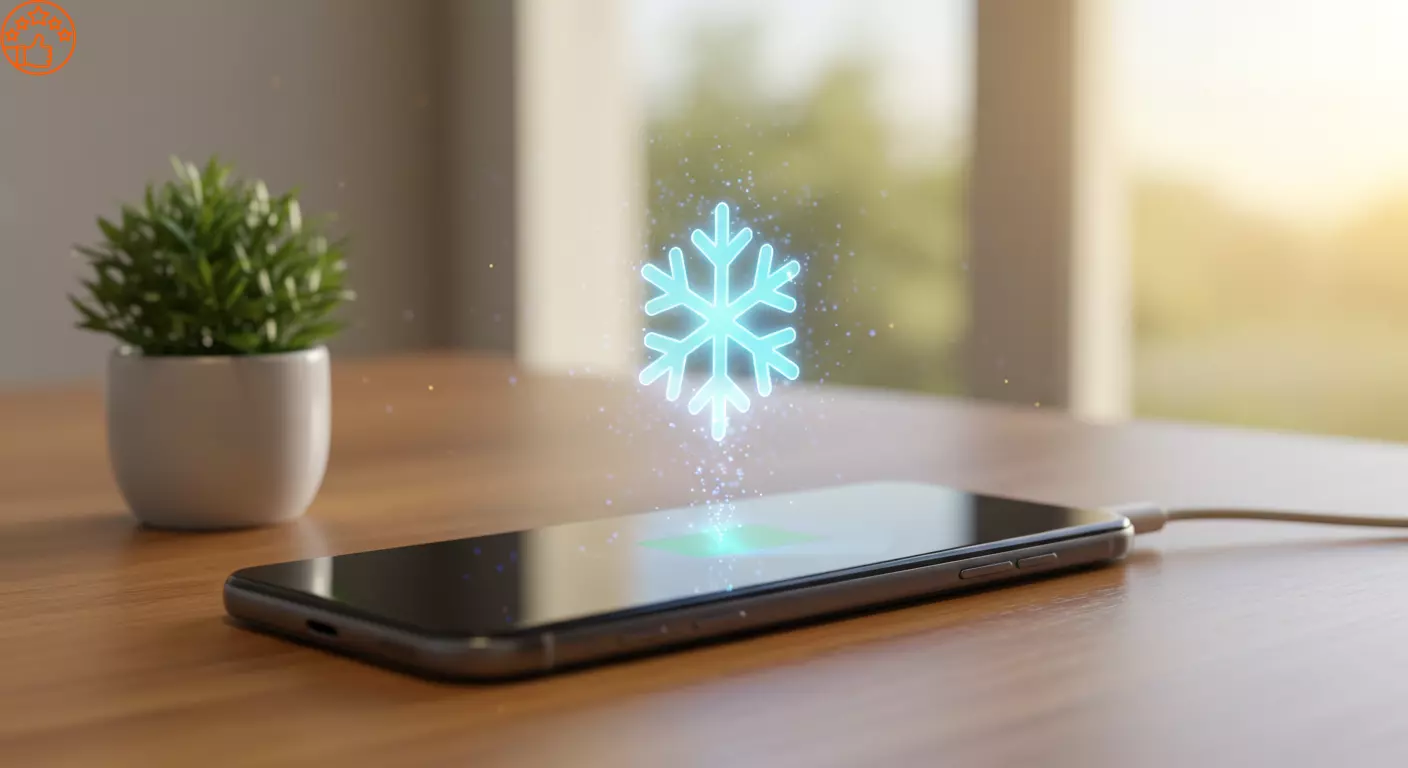  Um celular carregando em uma mesa fresca e ventilada, com um s&iacute;mbolo de "floco de neve" ou "temperatura baixa" acima dele, em contraste com um sol forte do lado de fora da janela.