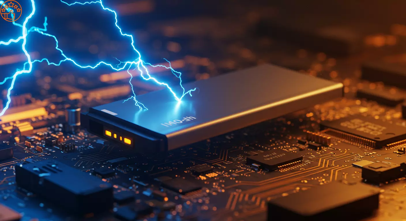 Uma imagem artística de uma bateria de smartphone brilhante, com um raio de energia simbolizando o carregamento rápido.