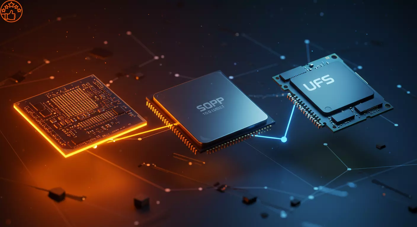 Uma imagem conceitual mostrando os três pilares do desempenho de um celular: um processador brilhante, um chip de memória RAM e um módulo de armazenamento.