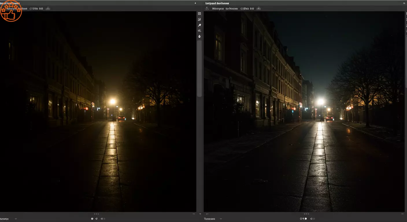 Comparação lado a lado de uma foto noturna em formato JPG (com ruído) e RAW (com mais detalhes preservados).