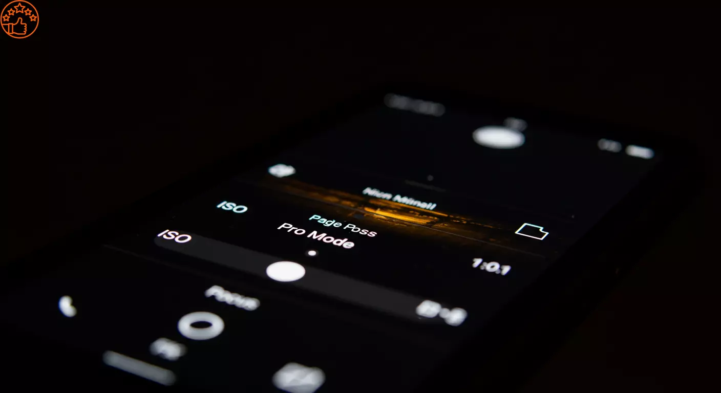 Tela de um smartphone mostrando as configurações manuais da câmera (Modo Pro) sendo ajustadas para fotografia noturna.