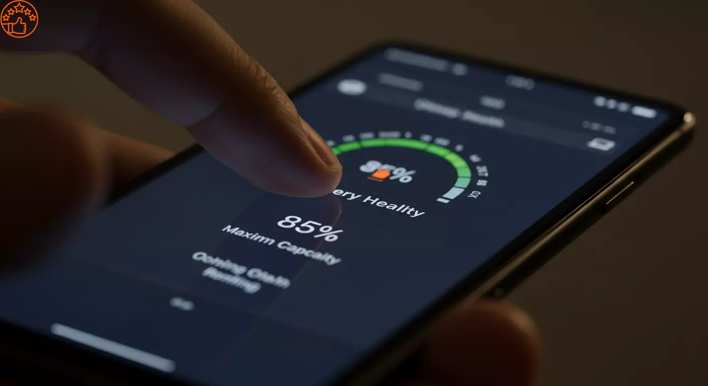 Close-up da tela de um smartphone mostrando a tela de "Sa&uacute;de da Bateria" com a capacidade m&aacute;xima em destaque, por exemplo, "85%".
