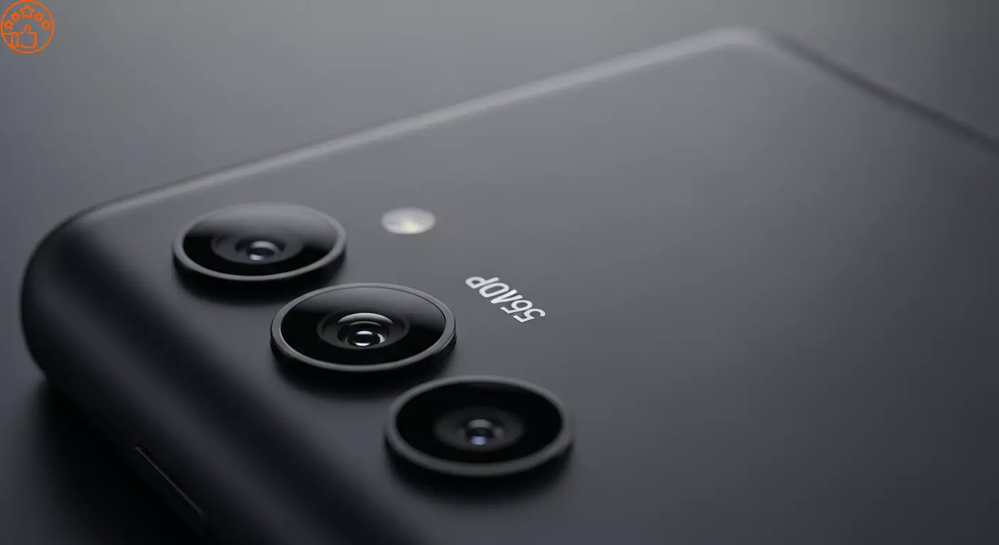  Close-up macro do m&oacute;dulo de c&acirc;meras do Samsung Galaxy A16 5G, com foco na lente principal de 50 megapixels.