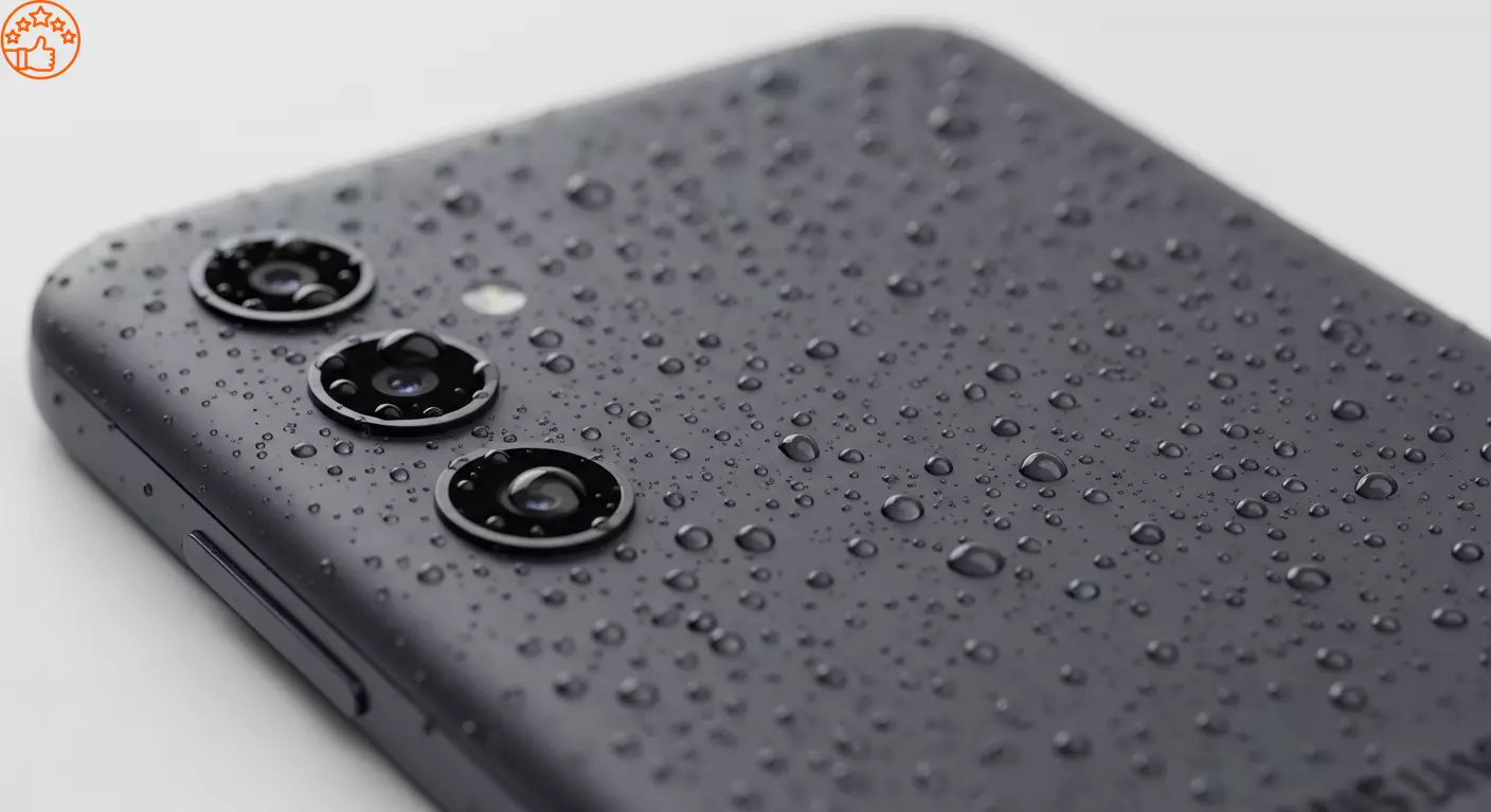 Close-up da traseira do Galaxy A16 5G com gotas de &aacute;gua sobre a superf&iacute;cie, ilustrando sua resist&ecirc;ncia a respingos (IP54).