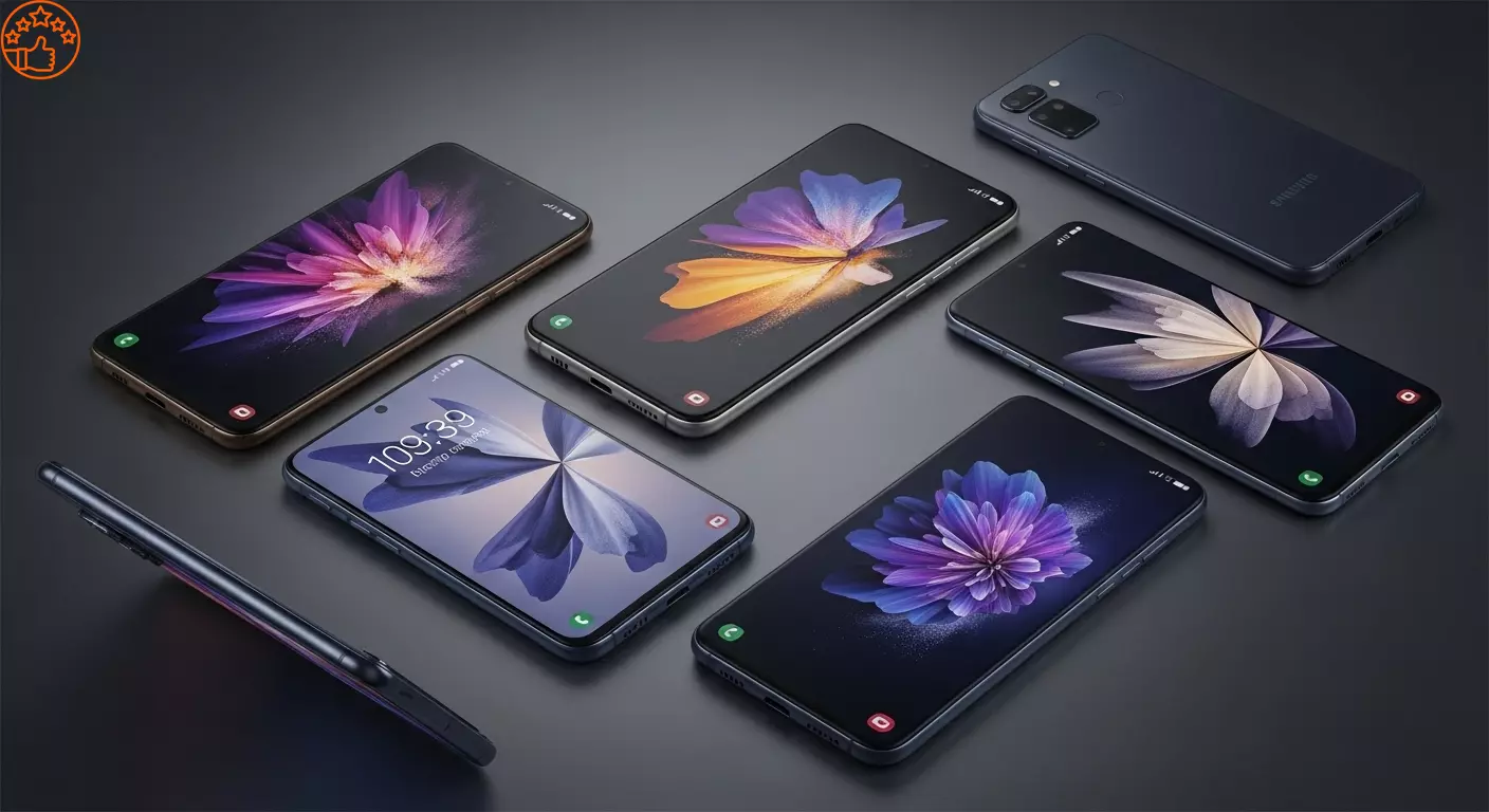 Uma composição com os cinco melhores celulares Samsung de 2025 em destaque, variando das linhas Galaxy A e Galaxy S, sobre um fundo tecnológico.