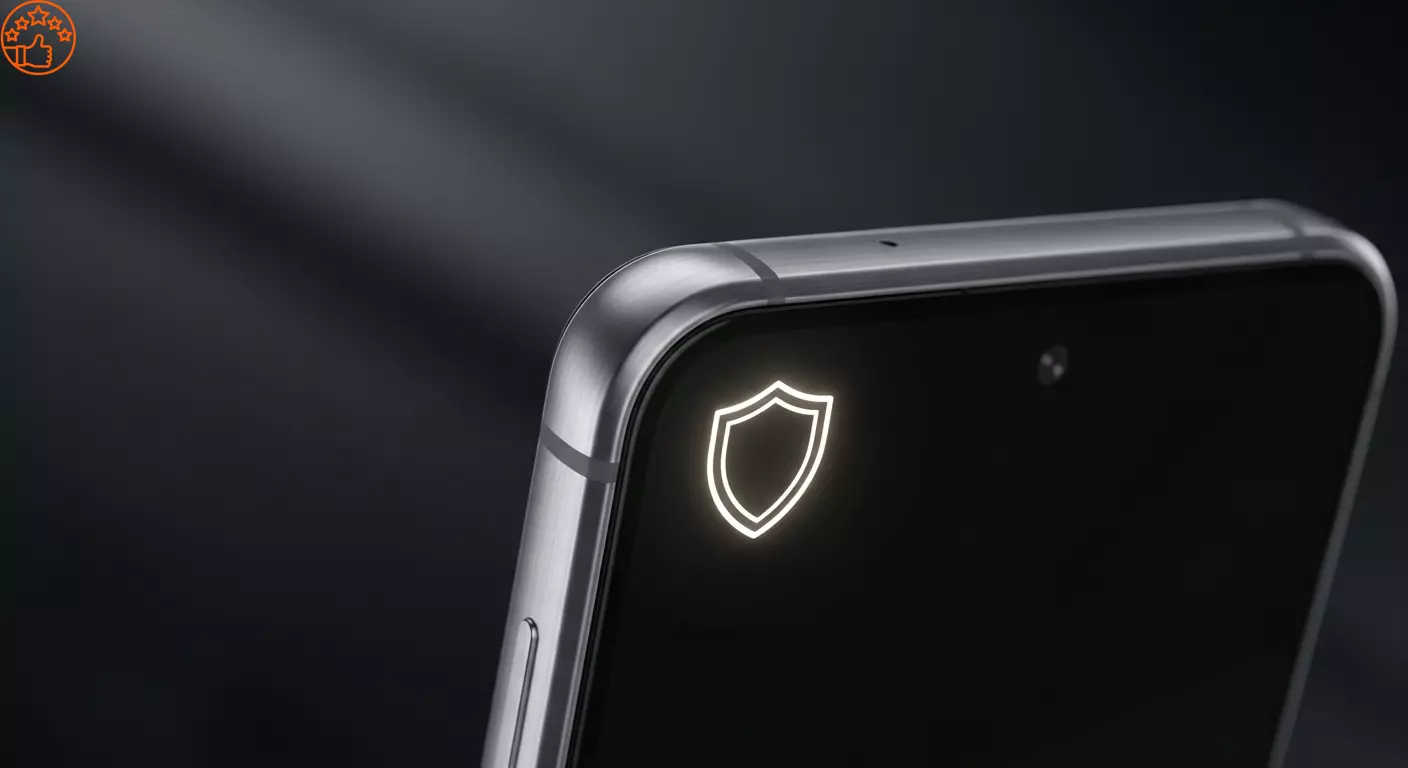 O celular Samsung Galaxy A56 5G com a lateral de metal em destaque e um &iacute;cone de escudo brilhante, representando sua constru&ccedil;&atilde;o premium e resist&ecirc;ncia.