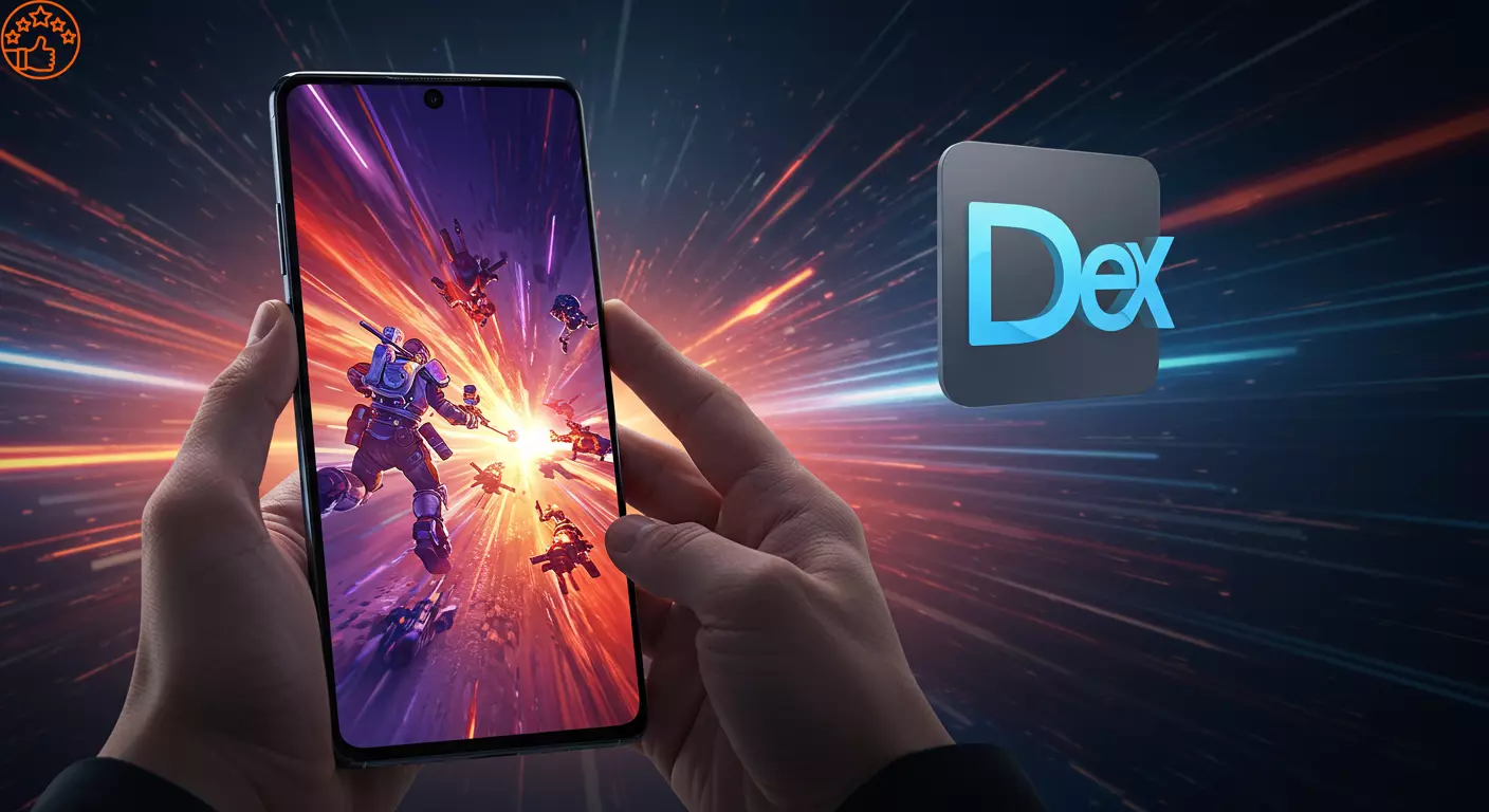 O celular Samsung Galaxy S24 FE exibindo um jogo com gr&aacute;ficos complexos na tela, com o logo do Samsung DeX flutuando ao lado, simbolizando sua pot&ecirc;ncia e versatilidade
