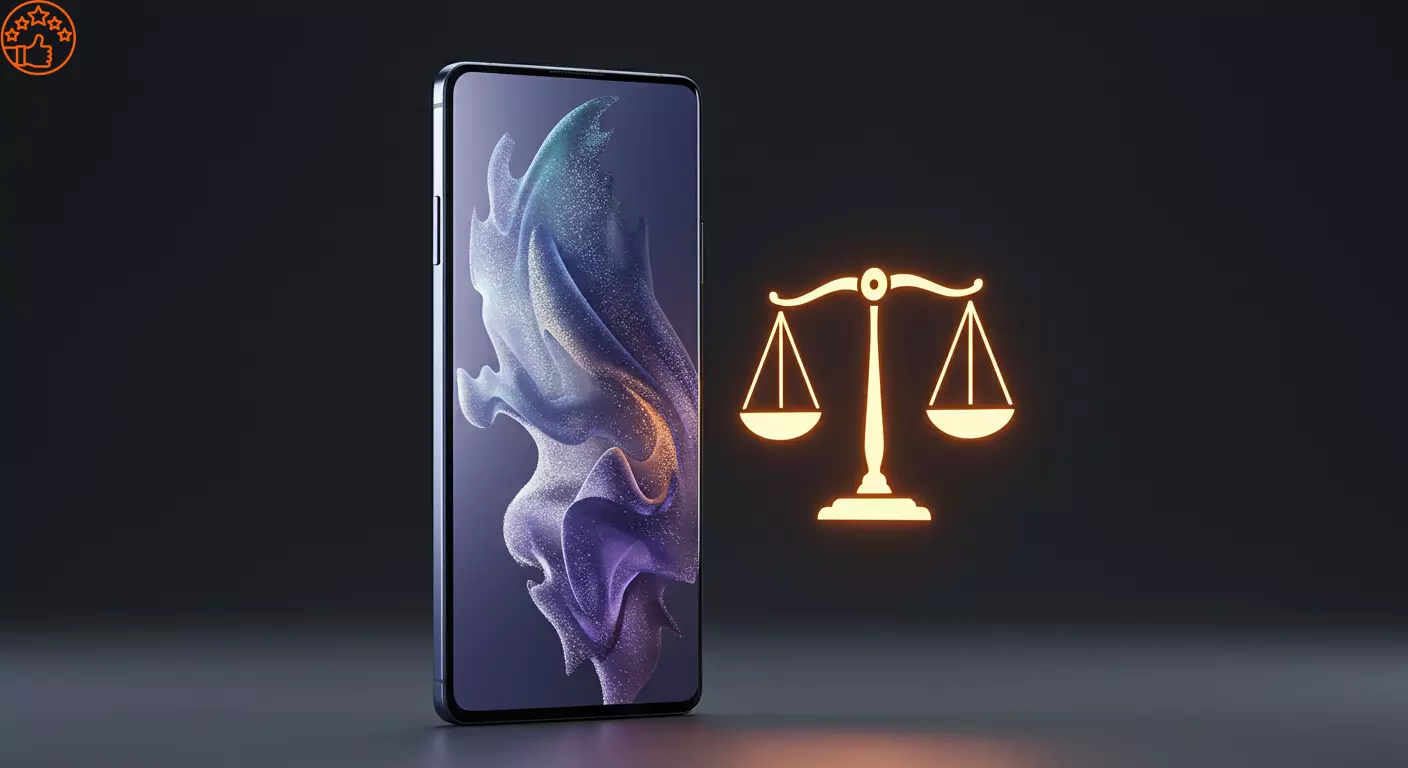 O celular Samsung Galaxy S24 Plus em destaque, com sua tela Quad HD+ exibindo uma imagem de alta resolu&ccedil;&atilde;o e um &iacute;cone de balan&ccedil;a equilibrada ao lado.
