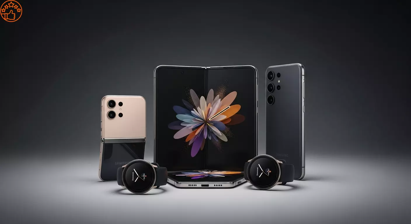 Uma composição profissional com os novos aparelhos da Samsung lançados no Unpacked 2025: o Galaxy Z Fold 7, o Galaxy Z Flip 7 e o Galaxy Watch 8.