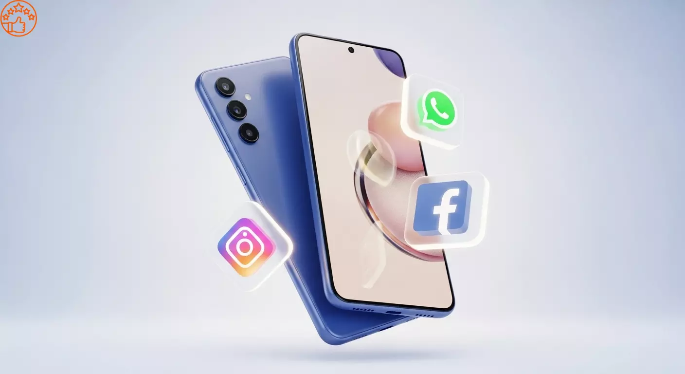 Uma foto profissional do Samsung Galaxy A15 5G na cor azul escuro, destacando seu design com bordas planas e a tela Super AMOLED.